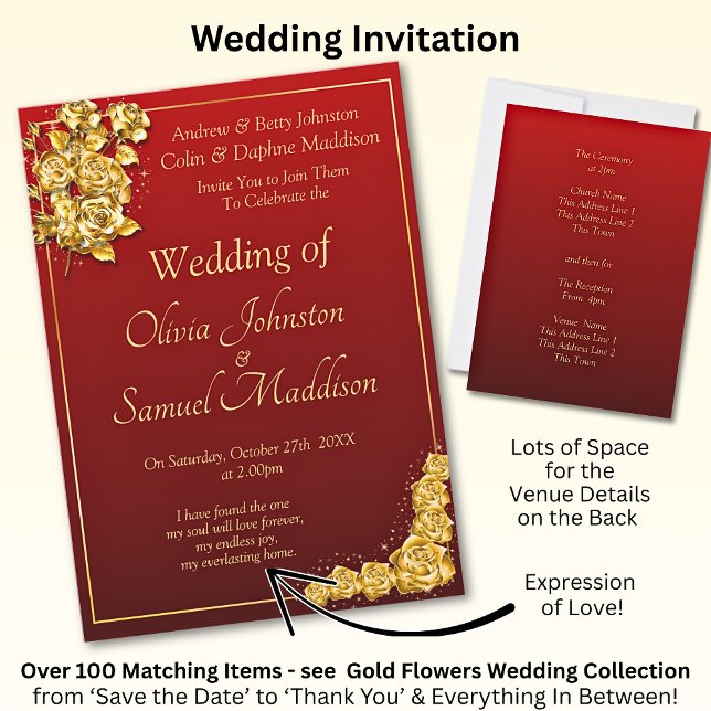 Invitación de Boda Flores de Rosa Dorada Rojo Gran (Subido por el creador)