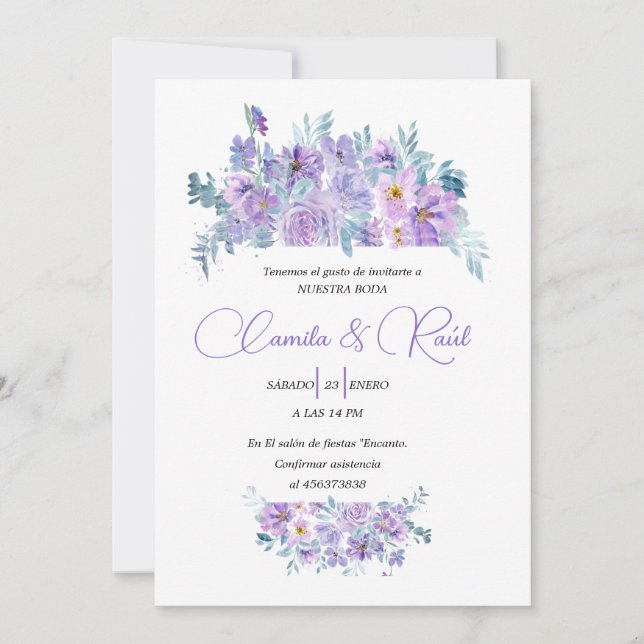Invitación de Boda “Flores en Tono Lila” (Anverso)