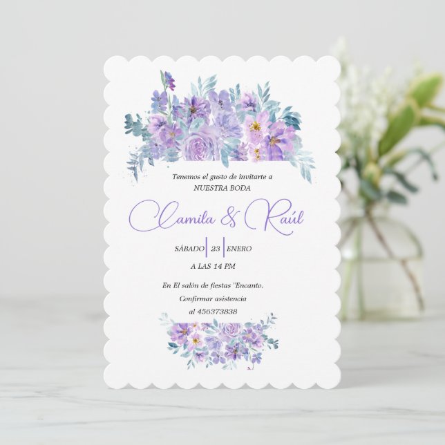 Invitación de Boda “Flores en Tono Lila” (Anverso de pie)