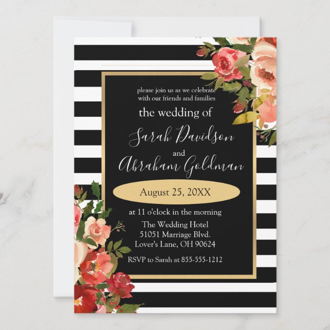 Invitación de Boda Flores Rosas Rayas Negras y Bla (Anverso)