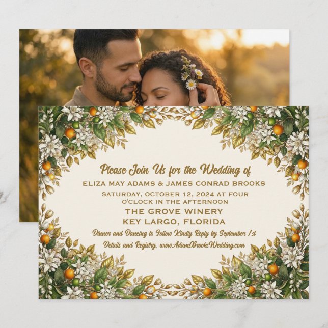 Invitación de Boda Florida Orange Blossom (Anverso / Reverso)