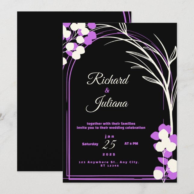 invitación de boda fondo negro flores púrpura (Anverso / Reverso)