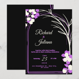 invitación de boda fondo negro flores púrpura