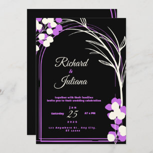 invitación de boda fondo negro flores púrpura