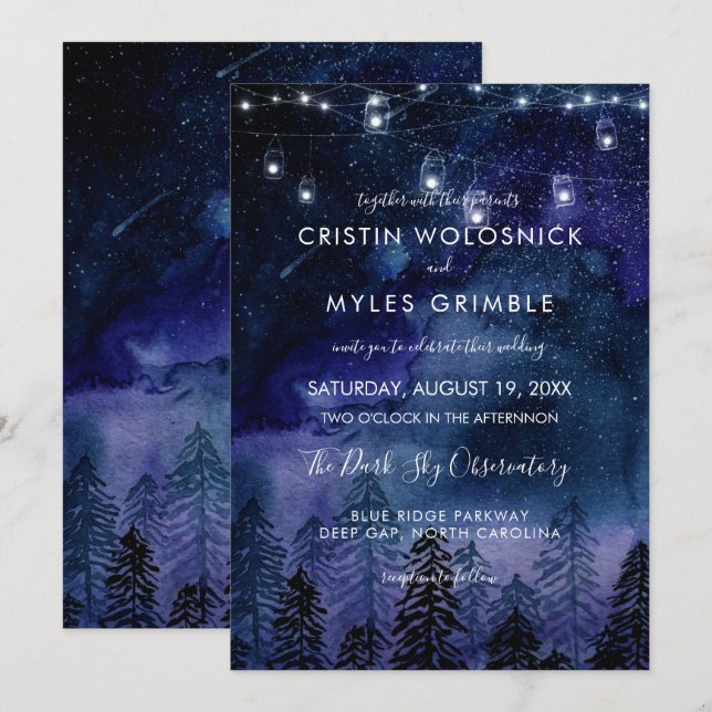 Invitación de boda forestal con cielo nocturno rús (Anverso / Reverso)