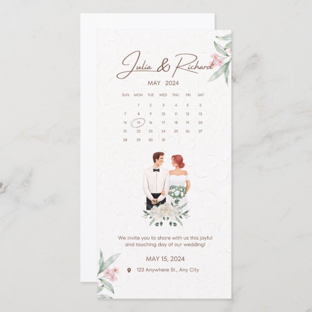 Invitación de boda formal beige y floral verde (Anverso / Reverso)