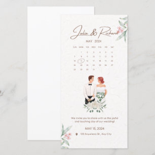 Invitación de boda formal beige y floral verde