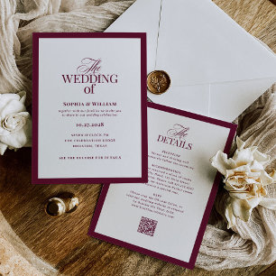 Invitación de boda formal Borgoña Código QR RSVP