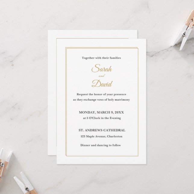 Invitación de boda formal clásica. Caligrafía dora (Anverso/Reverso In Situ)