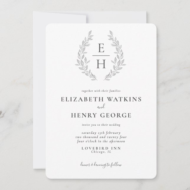 Invitación de boda formal clásica con monograma ne (Anverso)