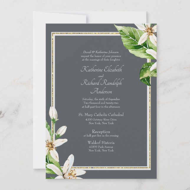 Invitación de boda formal con follaje gris (Anverso)