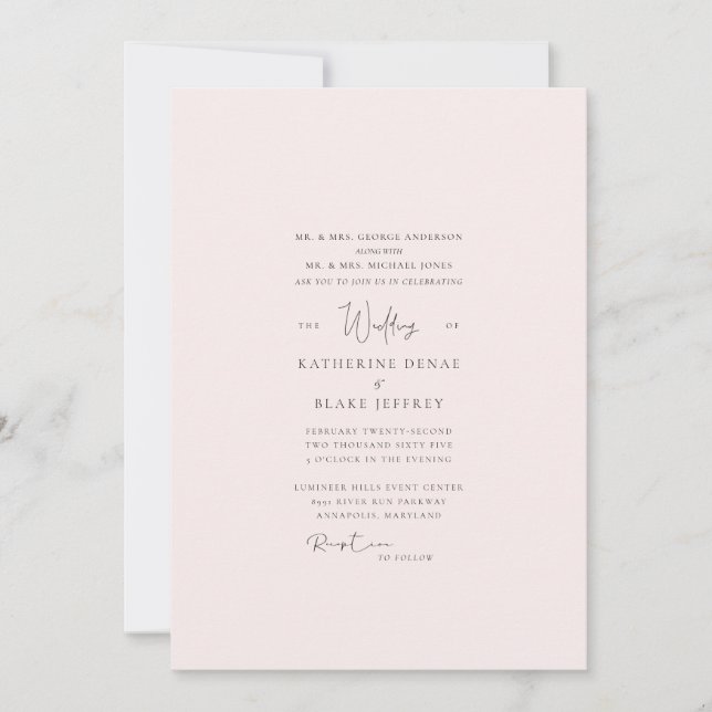 Invitación de boda formal elegante con toque rosad (Anverso)