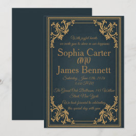 Invitación de boda formal elegante de oro azul mar