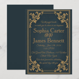 Invitación de boda formal elegante de oro azul mar