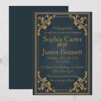 Invitación de boda formal elegante de oro azul mar