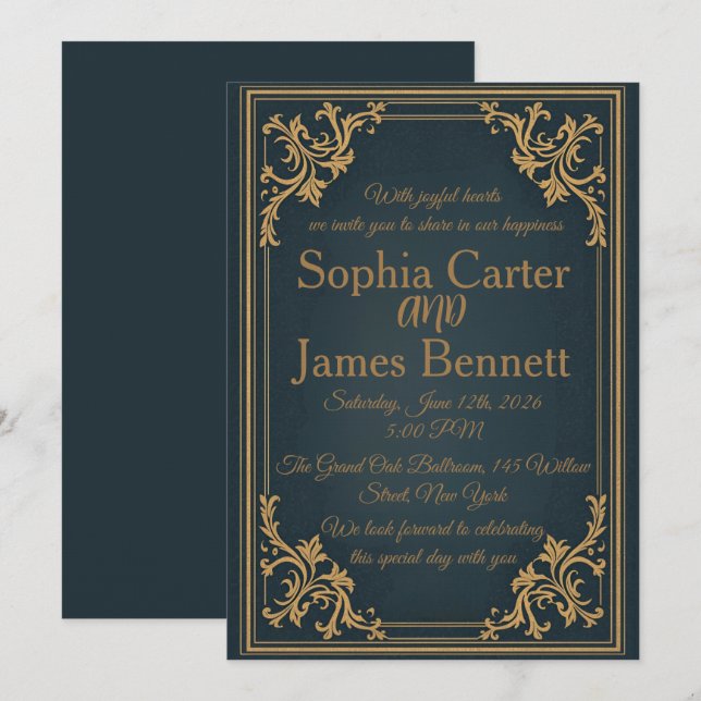 Invitación de boda formal elegante de oro azul mar (Anverso / Reverso)