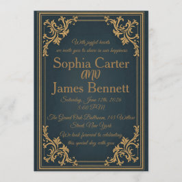 Invitación de boda formal elegante de oro azul mar
