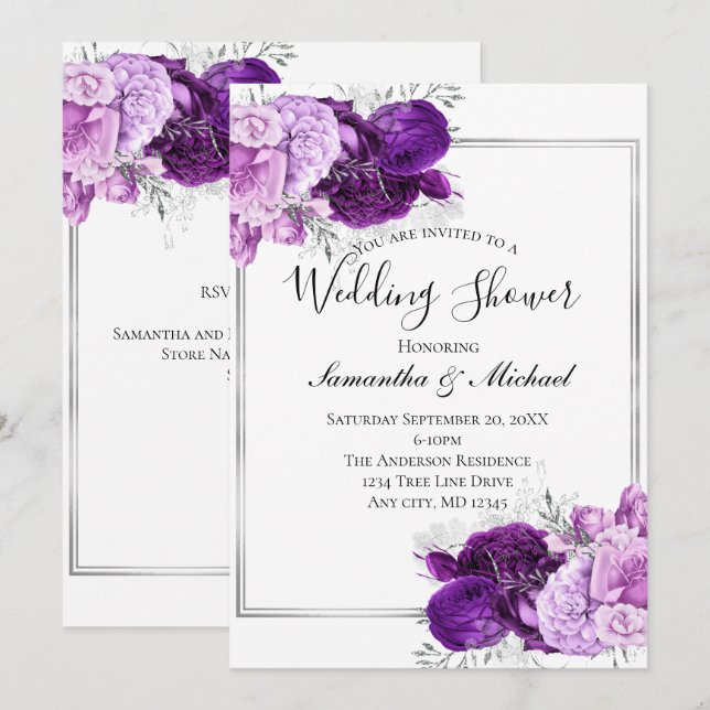 Invitación de boda formal elegante floral plateada (Anverso / Reverso)