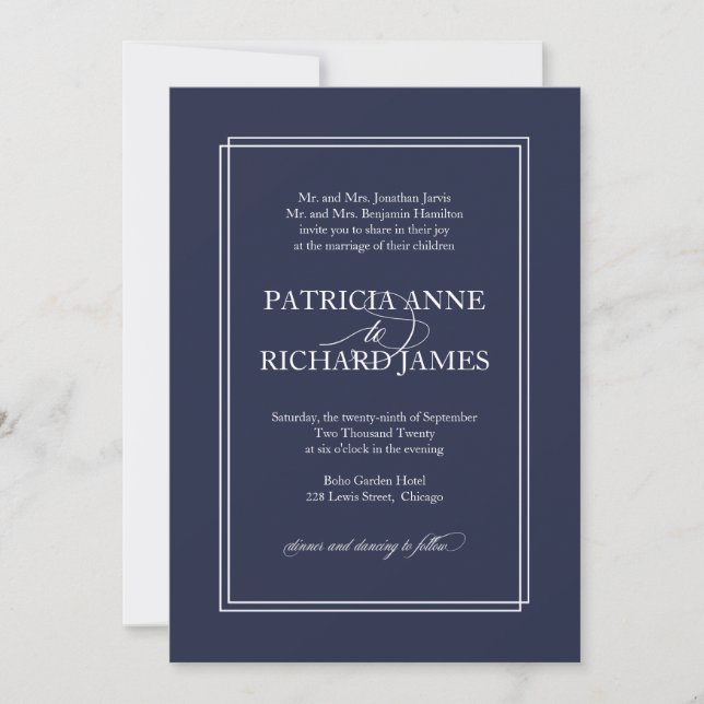Invitación de boda formal elegante simple azul mar (Anverso)