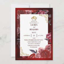 Invitación de boda formal en rojo y dorado
