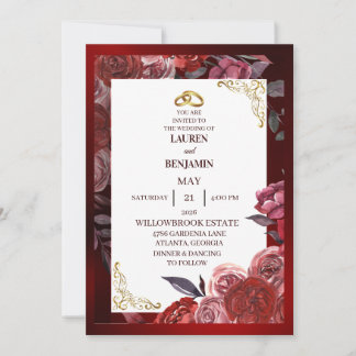 Invitación de boda formal en rojo y dorado