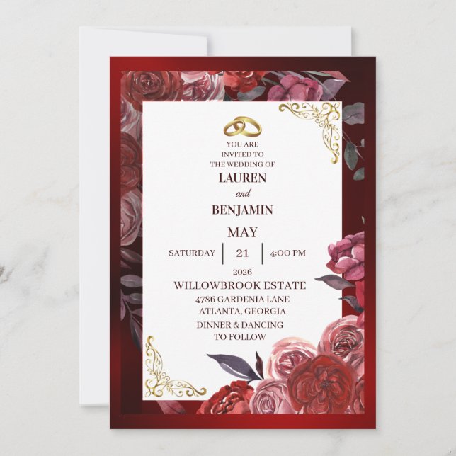 Invitación de boda formal en rojo y dorado (Anverso)