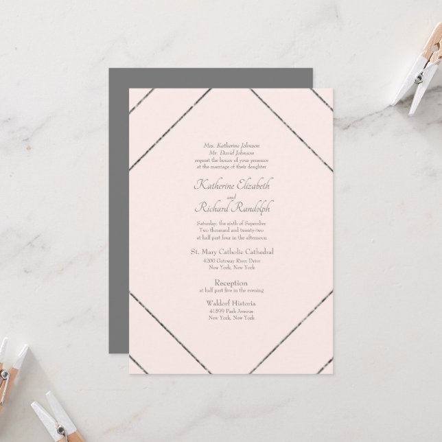 Invitación de Boda Formal Geométrica Rosa y Gris (Anverso/Reverso In Situ)