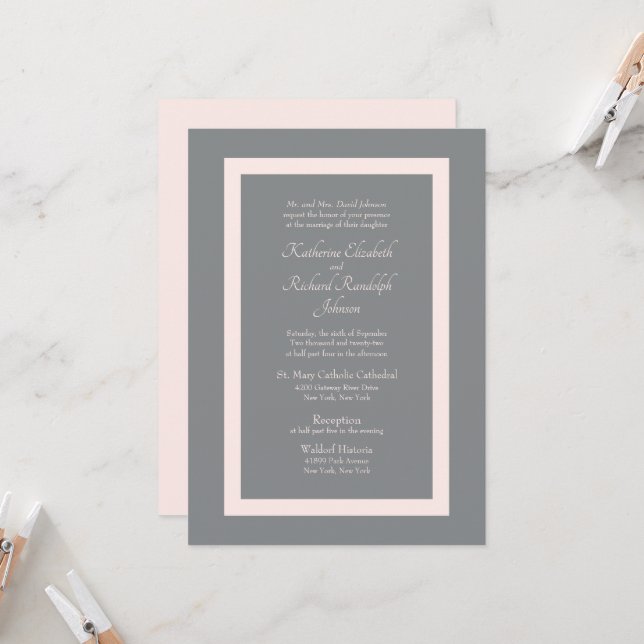 Invitación de boda formal gris y rosa (Anverso/Reverso In Situ)