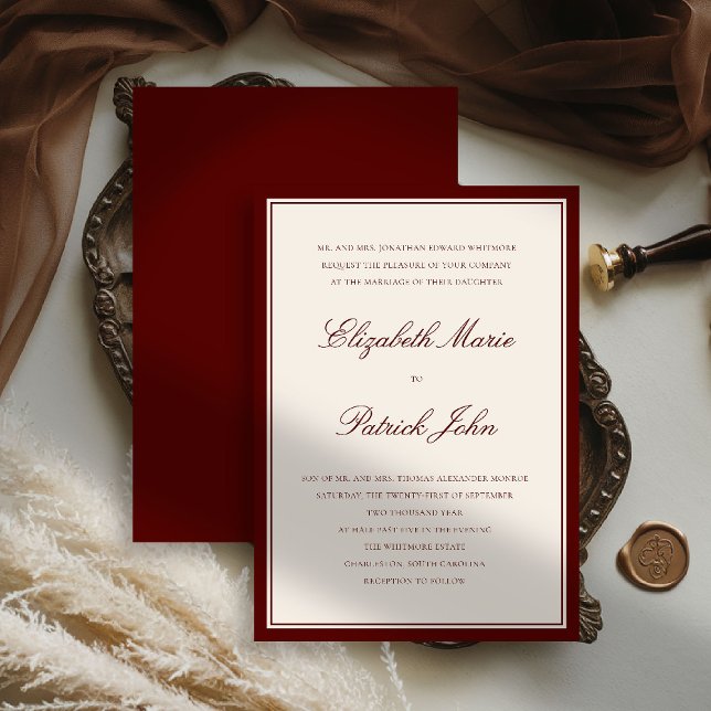 Invitación de Boda Formal Moderna Clásica con Marc (deep burgundy wedding invitation quiet luxury old money double frame formal modern classic parents)