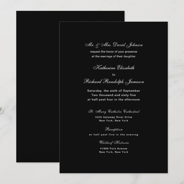 Invitación de boda formal negra elegante (Anverso / Reverso)