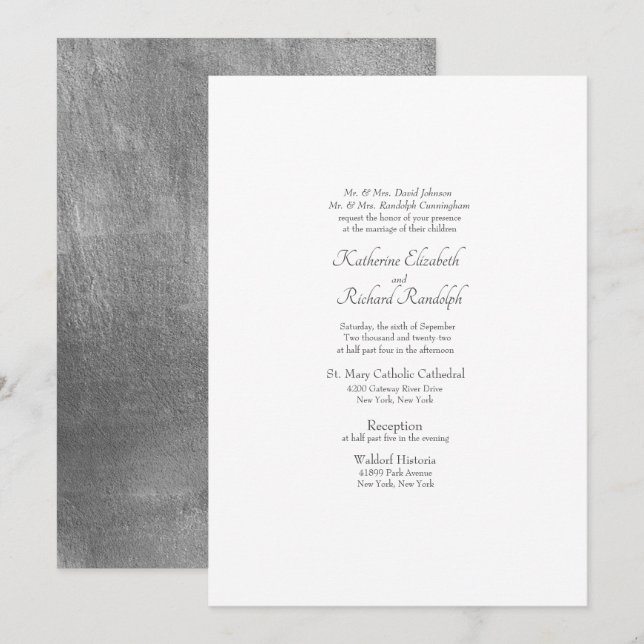 Invitación de boda formal plateada y blanca (Anverso / Reverso)