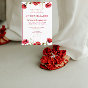 Invitación de boda formal roja floral y blanca