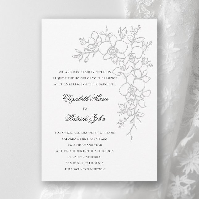 Invitación de boda formal tradicional de orquídea  (orchid wedding invitation white gleam formal modern classic traditional black tie parents hosting)