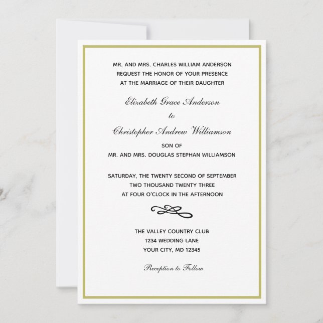 Invitación de Boda Formal Tradicional Oro Blanco N (Anverso)
