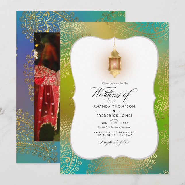 Invitación de boda foto árabe de Bollywood con lám (Anverso / Reverso)