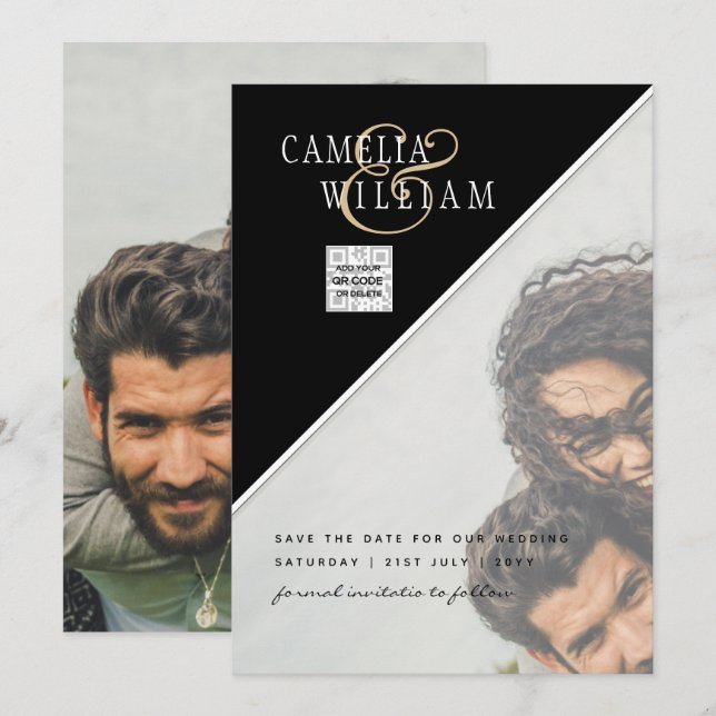 Invitación de Boda FOTO Blanco y Negro Código QR G (Anverso / Reverso)