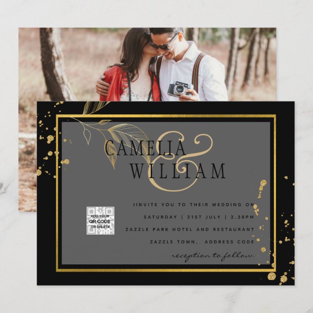 Invitación de Boda Foto en Blanco y Negro Código Q (Anverso / Reverso)