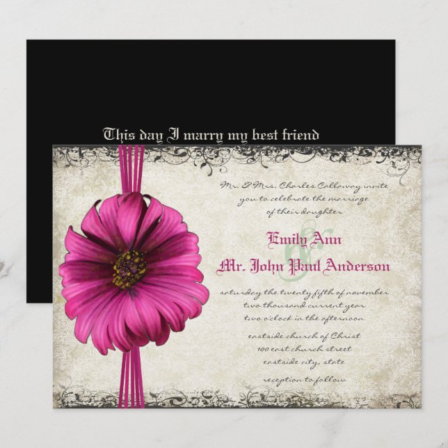 Invitación de boda Fuchsia Gerber Daisy (Anverso / Reverso)