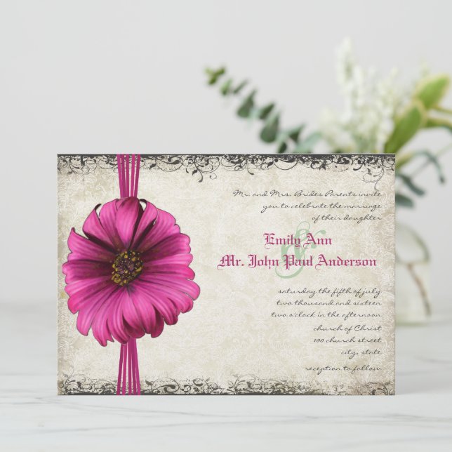 Invitación de boda Fuchsia Gerber Daisy (Anverso de pie)