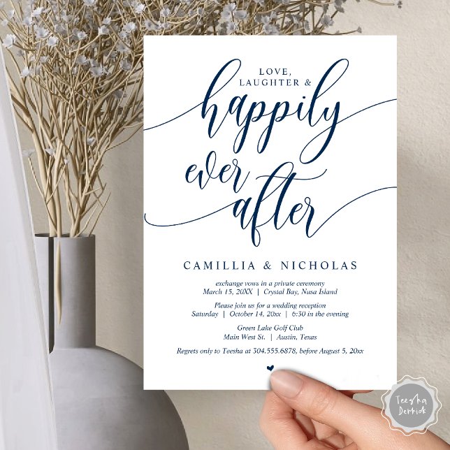Invitación de Boda Fugaz, Fiesta Feliz para Siempr (Wedding Elopement, Happily Ever After Party Invitation Card, PDF, Navy Blue)