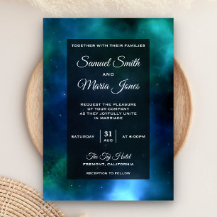 Invitación de Boda Galaxia Azul Verde Nebulosa Esp