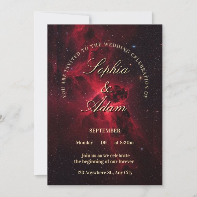 Invitación de Boda Galaxia Roja Elegante (Anverso)