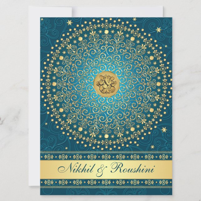 Invitación de boda Ganesh Teal Gold Scrolls GRANDE (Anverso)