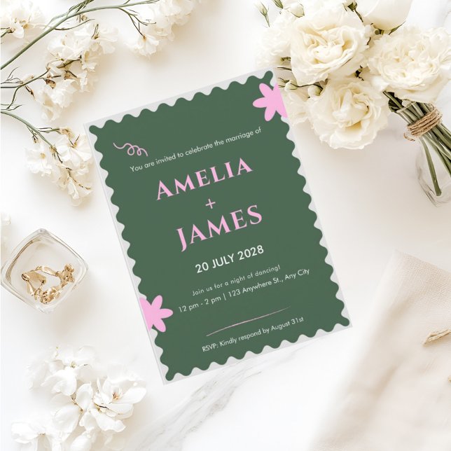 Invitación de boda Garabato Verde Rosa (Subido por el creador)