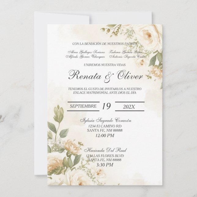 Invitación de boda Garden white rose (Anverso)