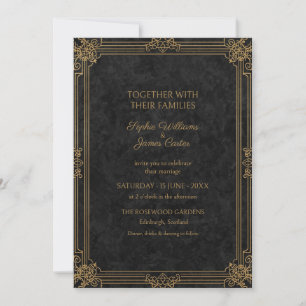 Invitación de boda Gatsby Art Deco de oro negro