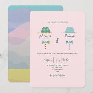 Invitación de boda gay colorida con sombreros