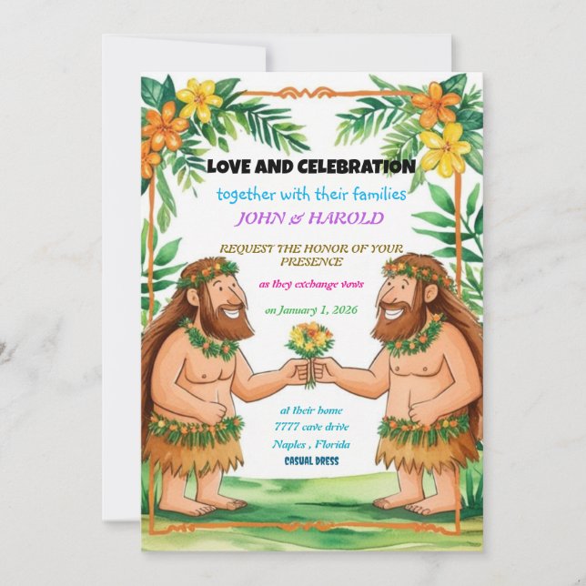 invitación de boda gay de hombres de las cavernas (Anverso)