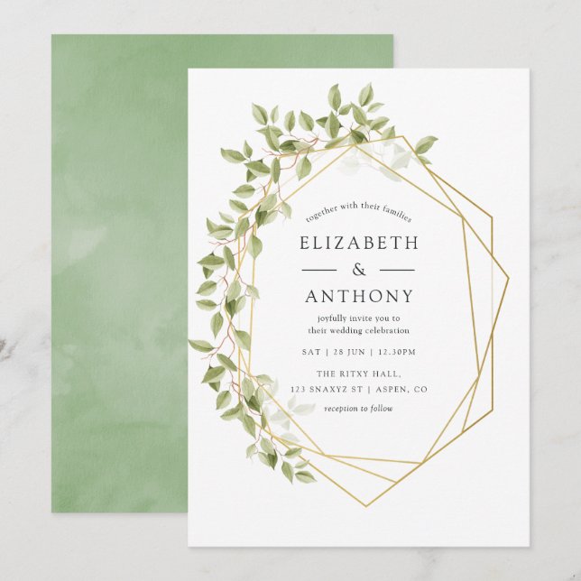 Invitación de boda geométrica con acuarela verde (Anverso / Reverso)