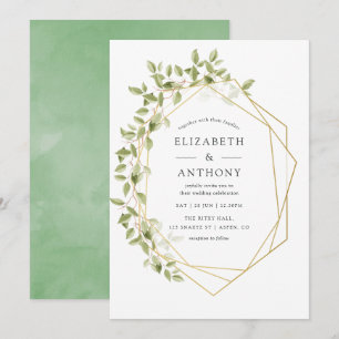 Invitación de boda geométrica con acuarela verde
